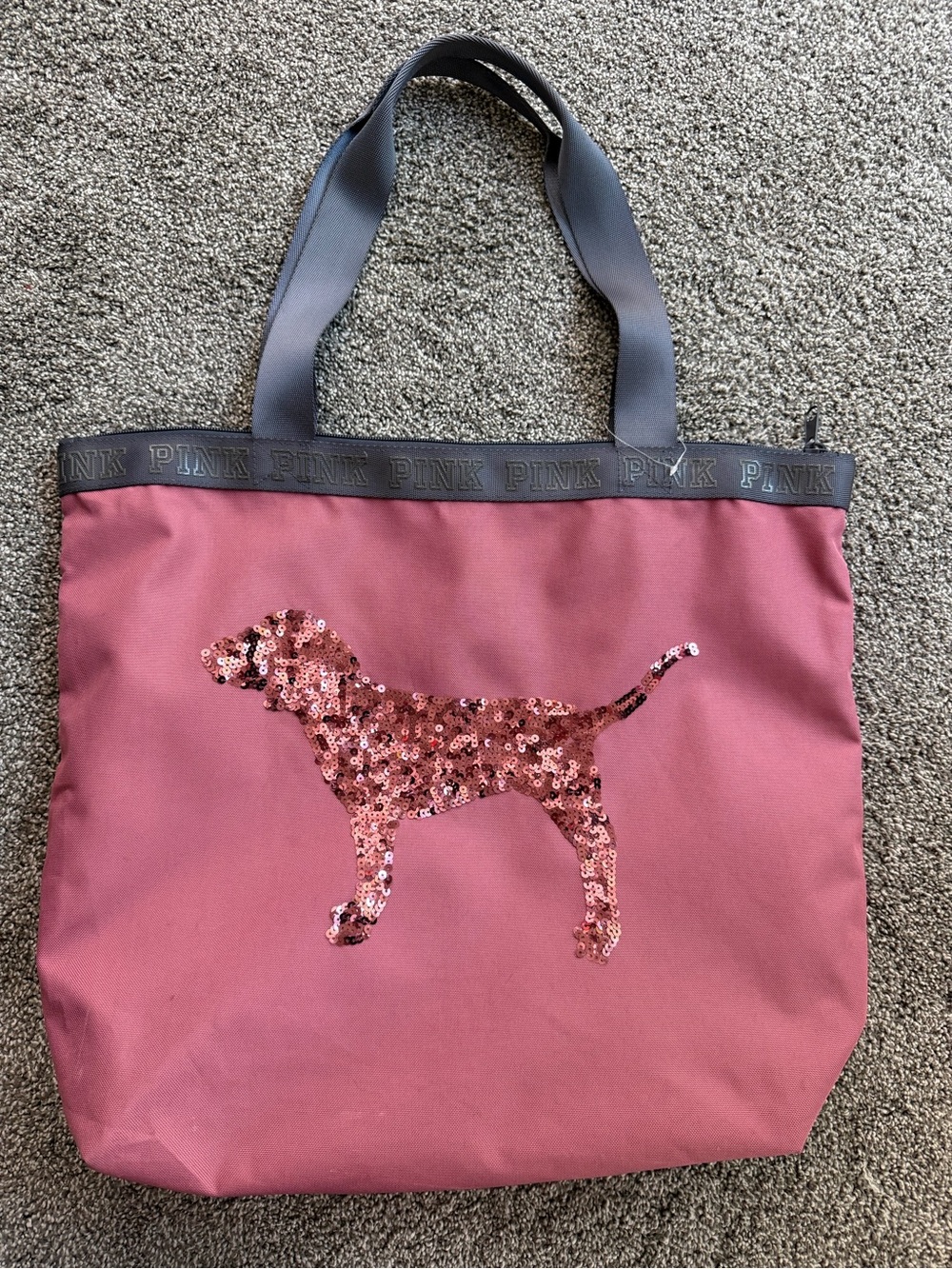 Victoria’s Secret PINK Sequin Dog Tote Bag Dusty Rose Gray Zip Large